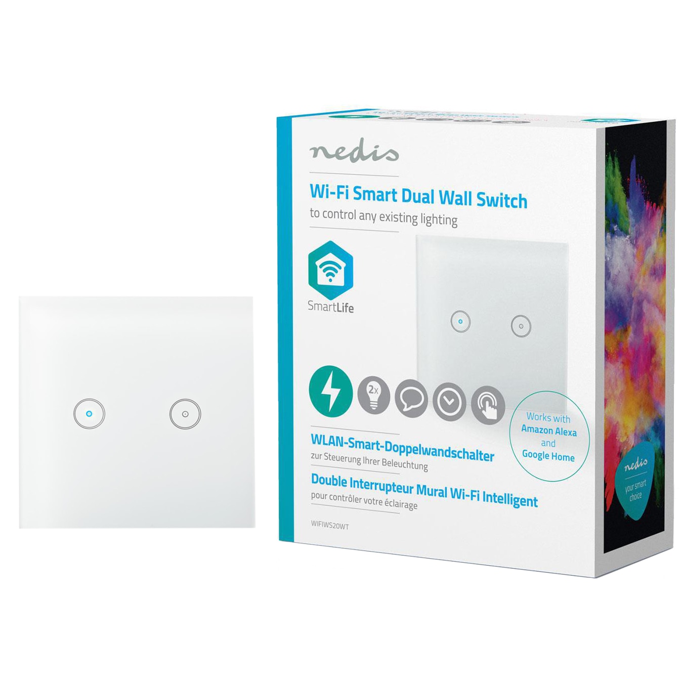 Intrerupator dublu inteligent Nedis Dual, Wi-Fi, 300W, sticla, Alb
