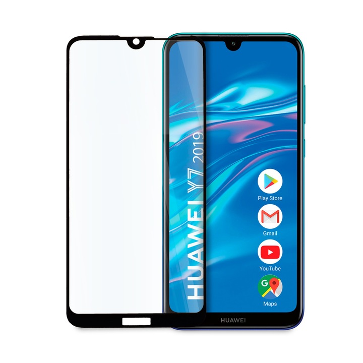 Стъклен протектор 5D за целият дисплей за Huawei Y7 (2019), Цяло лепило, Черен