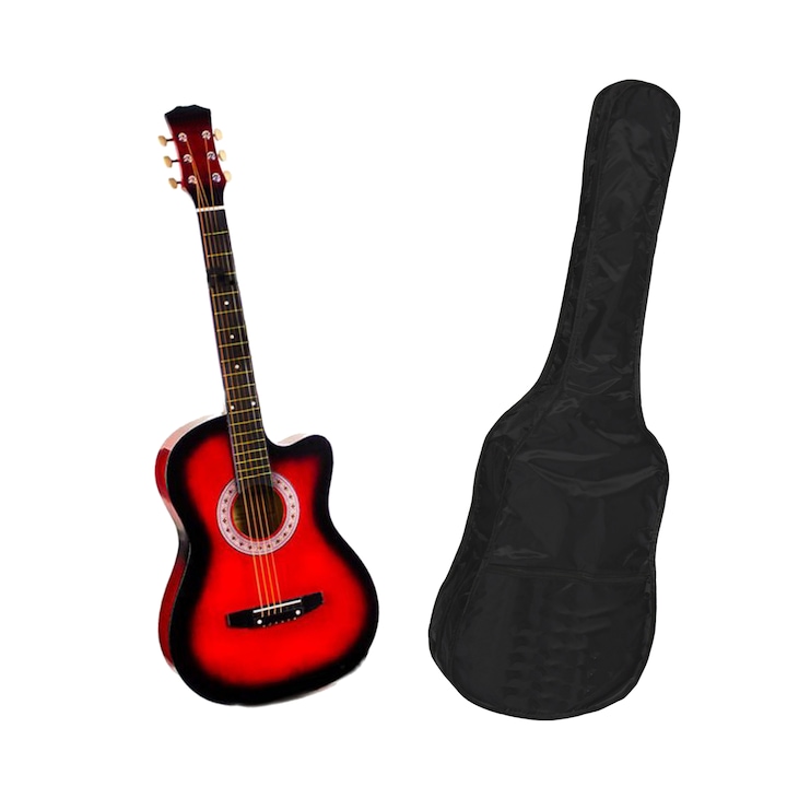 Класическа дървена китара 95 см, червен, найлонов калъф за подарък