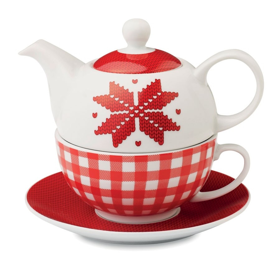 Ceainic ceramic cu model nordic alb-rosu