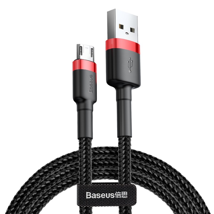 Зареждащ кабел/зарядно Baseus с Micro-USB, Универсален, Бързо зареждане, 1 м, 2.4A, Черен/Червен
