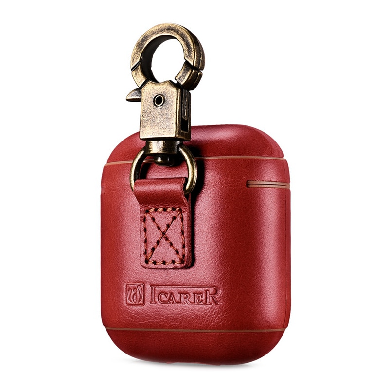 Carcasa, husa protectoare AirPods 1, AirPods 2, iCarer Vintage, din piele naturala, interior microfibra, cu carabina, culoare Rosu burgund
