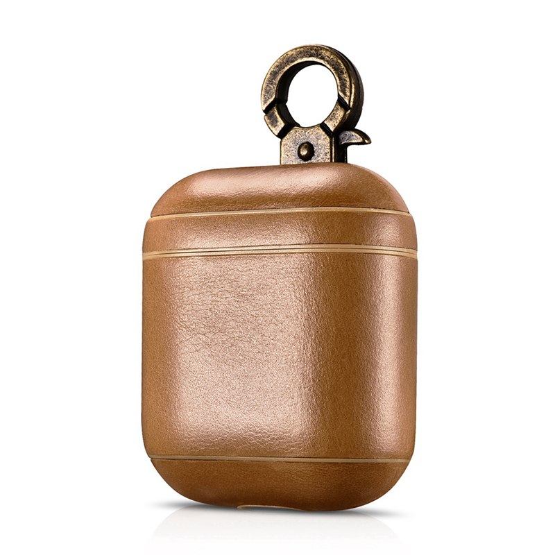 Carcasa, husa protectoare AirPods 1, AirPods 2, iCarer Vintage, din piele naturala, interior microfibra, cu carabina, culoare Maro Camel
