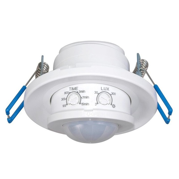 Senzor de miscare PIR Maclean MCE130 pentru tavan, incastrat, 360°, raza de detectie 6 m, 800W/400W, infrarosu, cu senzor crepuscular reglabil, economisire energie, compatibil LED, interior/exterior