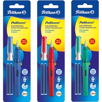 Stilou Pelikan Pelikano, pentru stangaci, patroane L, cu doua patroane, cu grip, blister, 3 culori asortate Stilou Pelikan Pelikano, pentru stangaci, patroane L, cu doua patroane, cu grip, blister, 3 culori asortate