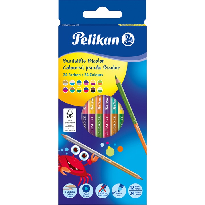 Set creioane Pelikan Bicolor, Lacuite, 24 culori, sectiune rotunda, varf de 3 mm, 12 buc/set
