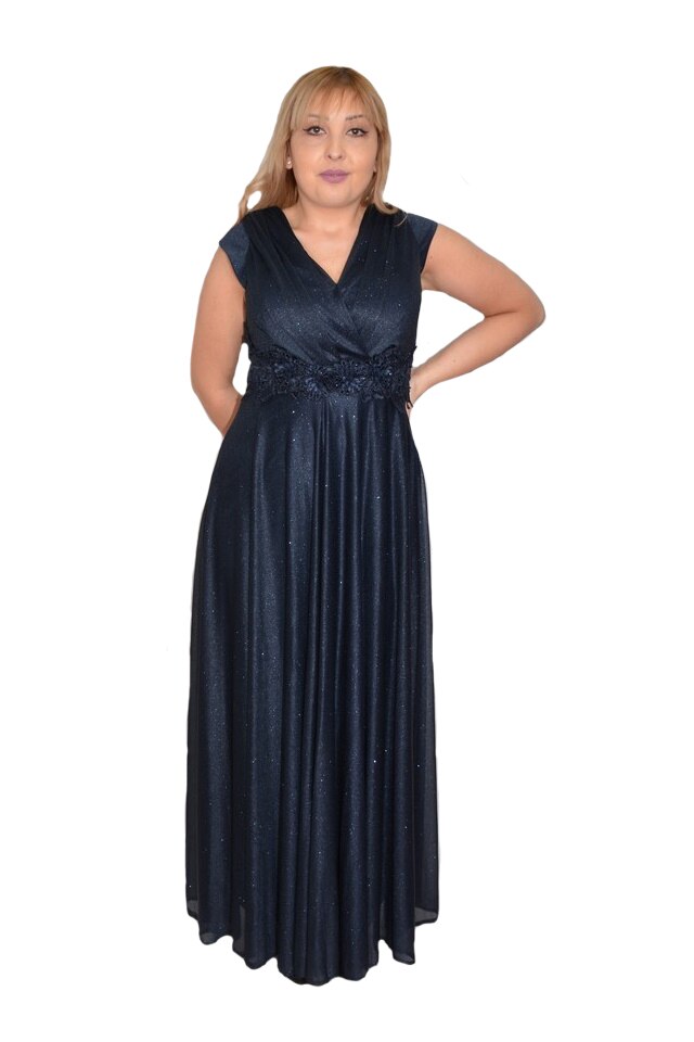 Rochie dama de seara Silvana cu sclipici,flori in talie,D&J Exclussive, Bleumarin