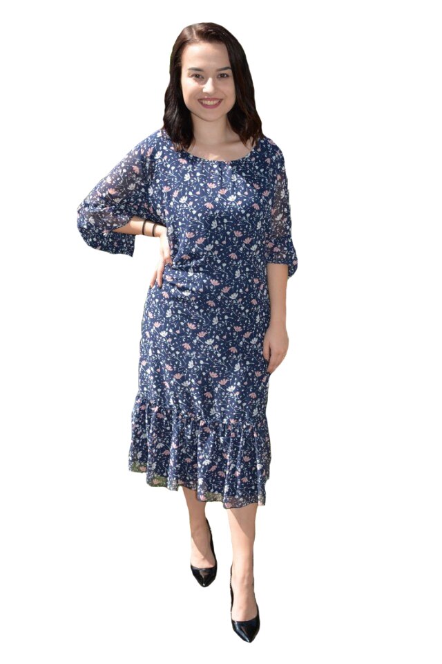 Rochie Catlin cu imprimeu floral,model lejer,D&J Exclussive,bleumarin, Albastru marin