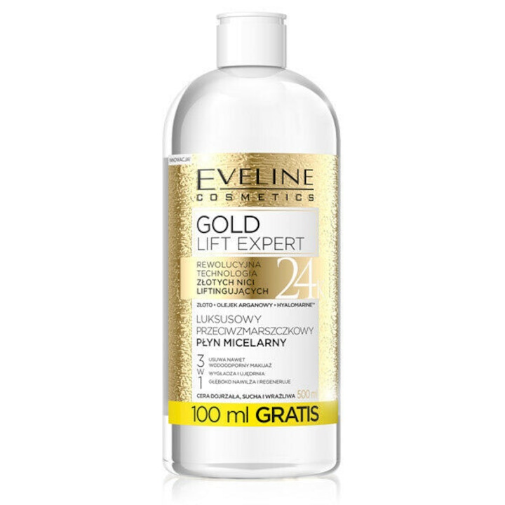 Мицеларна вода против бръчки Eveline Cosmetics, Gold Lift Expert 3 in1, 500 мл