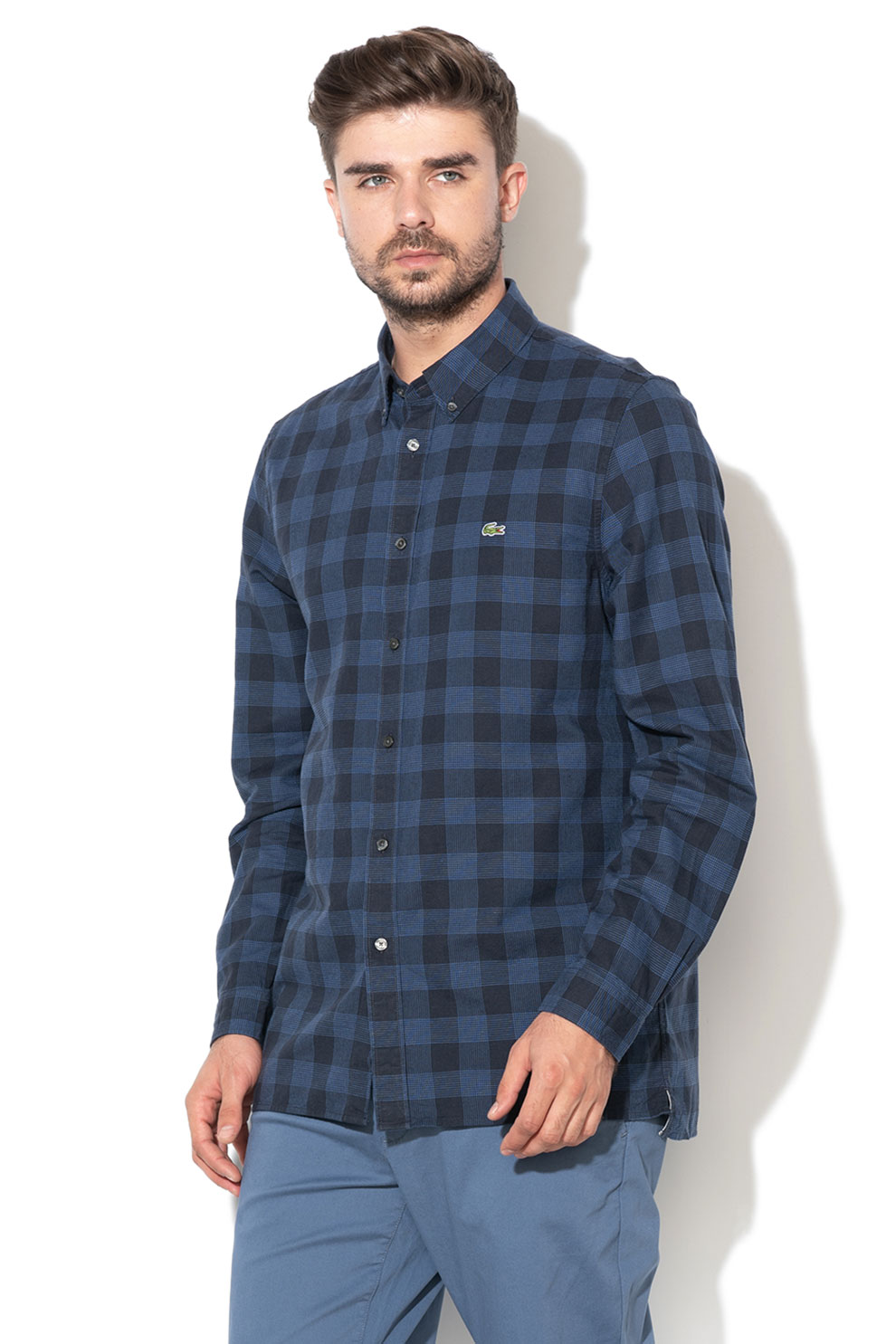 Lacoste, Camasa regular fit, din amestec de bumbac si in, Albastru inchis, S-M