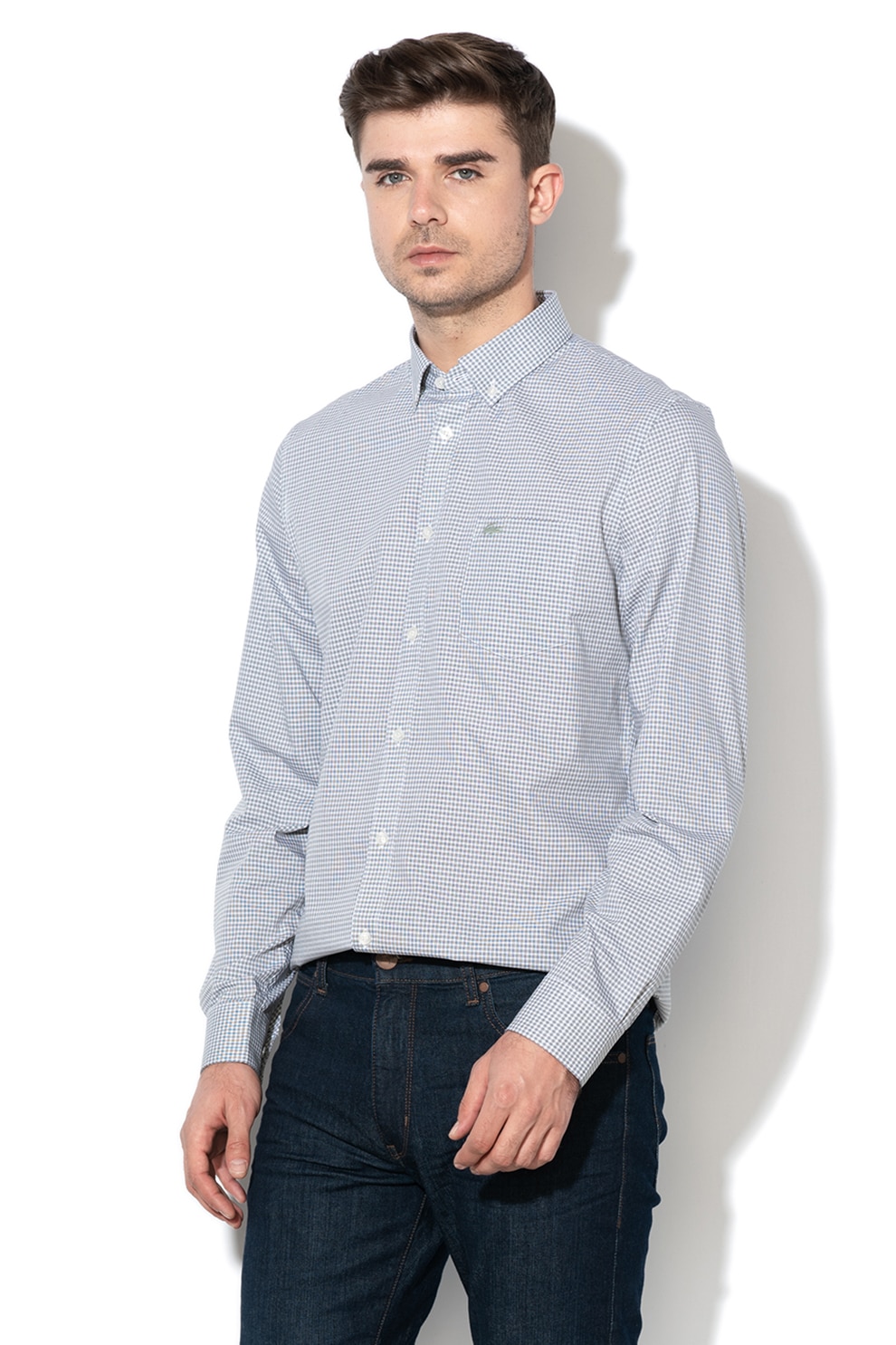 Lacoste, Camasa regular fit cu model in carouri, Gri/Negru, S-M
