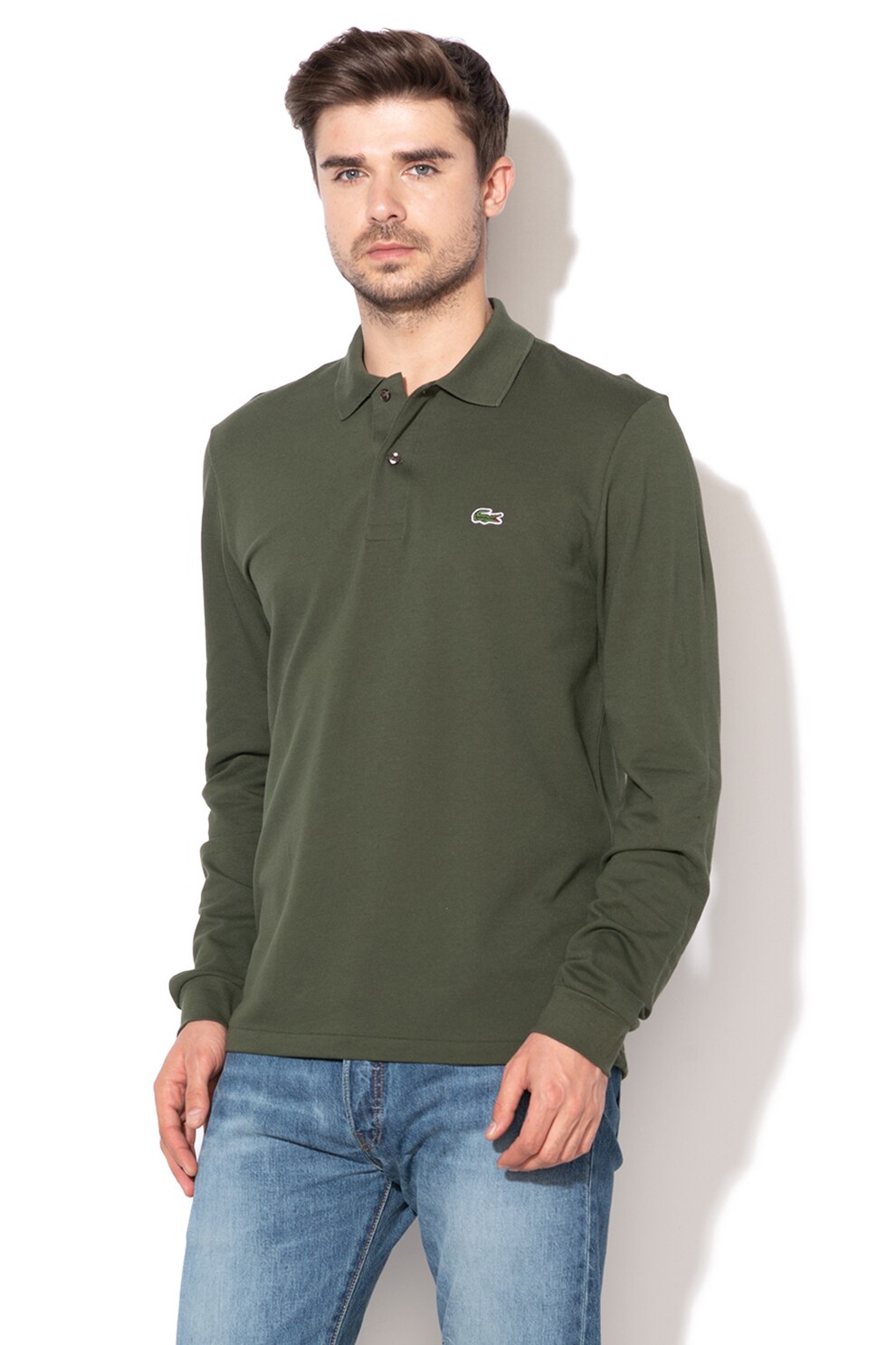 Lacoste, Bluza polo din bumbac si material pique, Verde militar