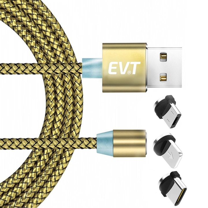 EVT® 3 в 1 USB-C, Micro-USB, Lightning кабел за зареждане, магнитни конектори, USB, USB-C, Micro-USB, Lightning, 5V, 2A, 1m, LED, GOLD