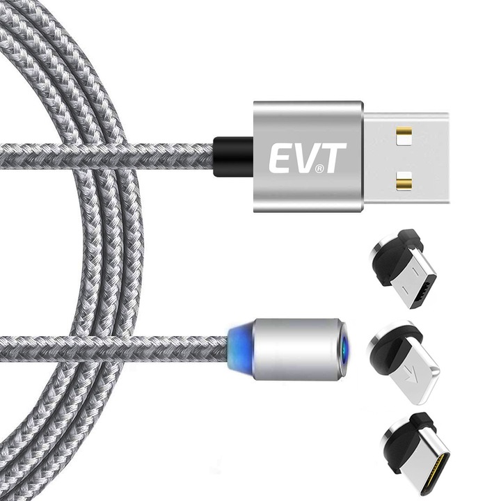 EVTrend® 3 в 1 USB-C, Micro-USB, Lightning кабел за зареждане, магнитни конектори, USB, USB-C, Micro-USB, Lightning, 5V, 2A, 1m, LED, СРЕБРИСТ