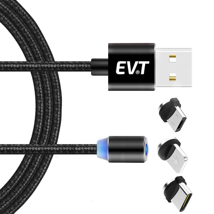EVTrend® 3 az 1-ben kábel, USB-C, Micro-USB, Lightning, mágneses csatlakozók, USB, USB-C, Micro-USB, Lightning, 5V, 2A, 1m, LED, fekete