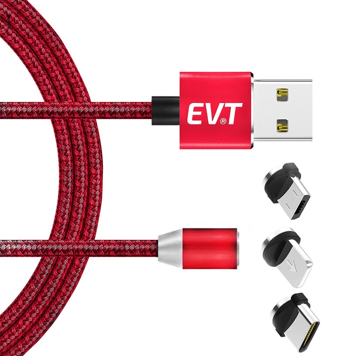 EVT® 3 в 1 USB-C, Micro-USB, Lightning кабел за зареждане, магнитни конектори, USB, USB-C, Micro-USB, Lightning, 5V, 2A, 1m, LED, ЧЕРВЕН