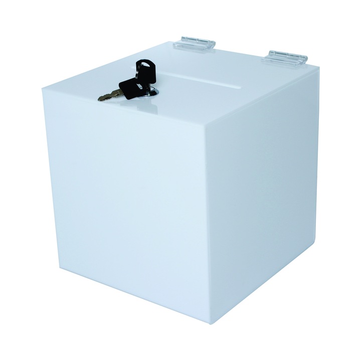 Urna din plexiglas alb/opal cub 250 mm, cutie pentru donatii, colectare de fonduri sau tombole