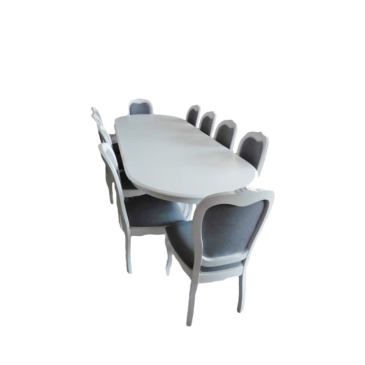 Masa cu 12 scaune, alb, lemn, 160x100x75cm, extensibila pana la 280cm, tapiterie gri
