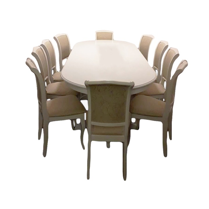 Masa ovala cu 12 scaune, crem, lemn, 160x100x75cm, extensibila pana la 280cm