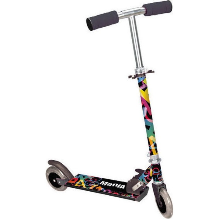 Детска тротинетка със силиконови колела NOVOKIDS™ Mania, 2 колела, сгъваема, дръжка с регулируема височина, максимум 20 кг, силиконови колела, крачна спирачка, модерен дизайн, Black Graffiti