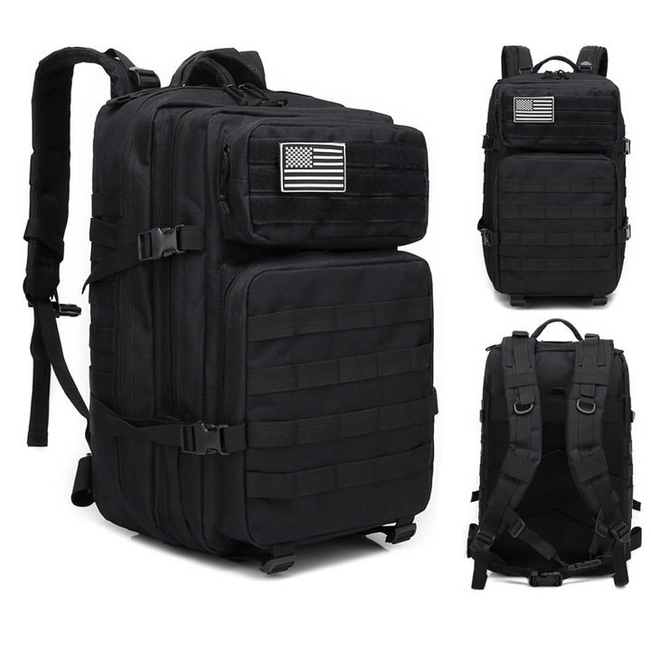 Rucsac militar, Dittom, 50 x 30 cm, 45 l, impermeabil, 5 compartimente, sistem de ventilatie cu flux de aer, bretele reglabile, material rezistent la murdarie, usor de curatat, negru, greutate 1500 g