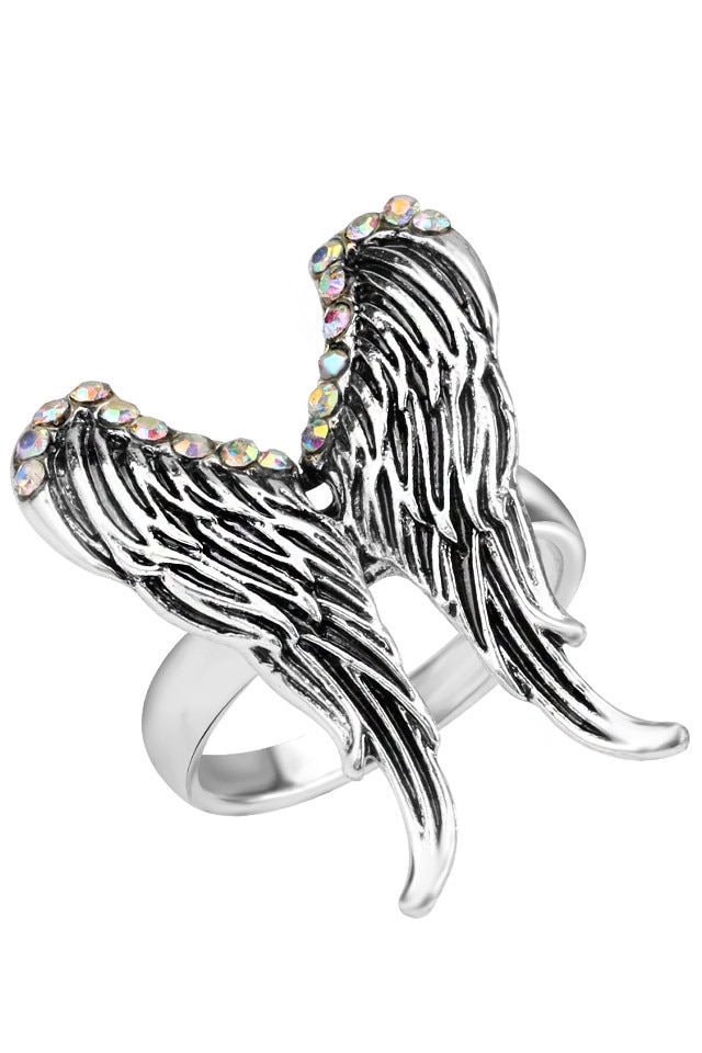 Inel cu aripi mari de inger si cristale, Argintiu, 18