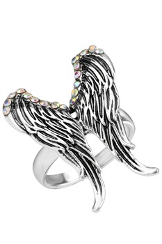 Inel cu aripi mari de inger si cristale, Argintiu, 18 Inel cu aripi mari de inger si cristale, Argintiu, 18