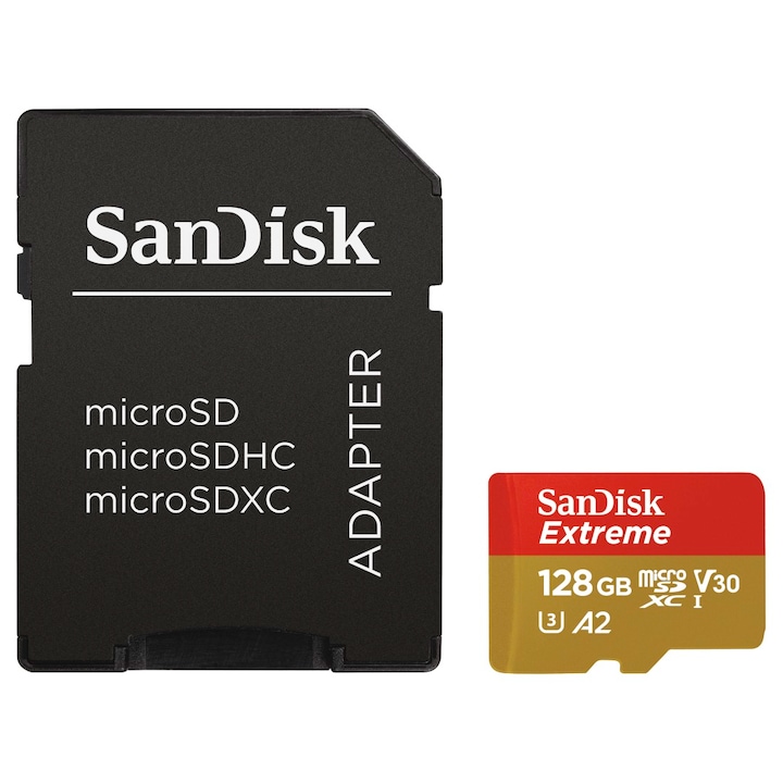 Карта памет Sandisk Extreme, 128GB, microSD (SDXC Class 10 UHS-I U3), С адаптер