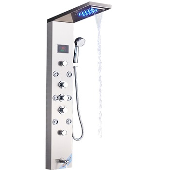 Panel de Dus Multifunctional cu LED, afisaj digital, Argintiu, jeturi SPA, baterie cu efect de ploaie, sistem de masaj, 5 functii de curgere a apei Panel de Dus Multifunctional cu LED, afisaj digital, Argintiu, jeturi SPA, baterie cu efect de ploaie, sistem de masaj, 5 functii de curgere a apei