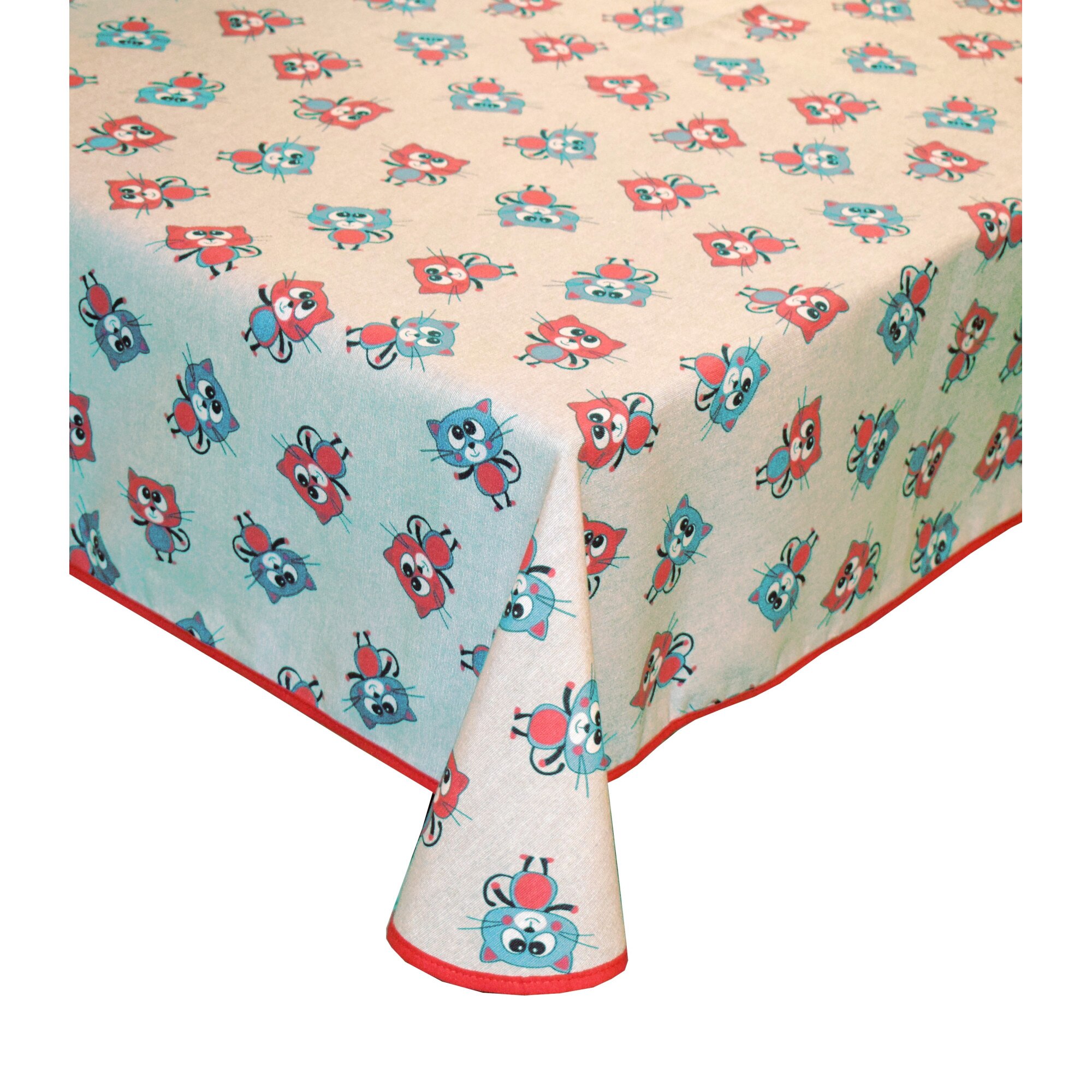 Fata de masa anti-pete Casa de bumbac, Cam, 220x140 cm, pisicute, bej si rosu