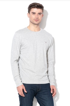 Gant, Bluza cu decolteu la baza gatului si logo brodat, Gri deschis melange, 2XL Gant, Bluza cu decolteu la baza gatului si logo brodat, Gri deschis melange, 2XL