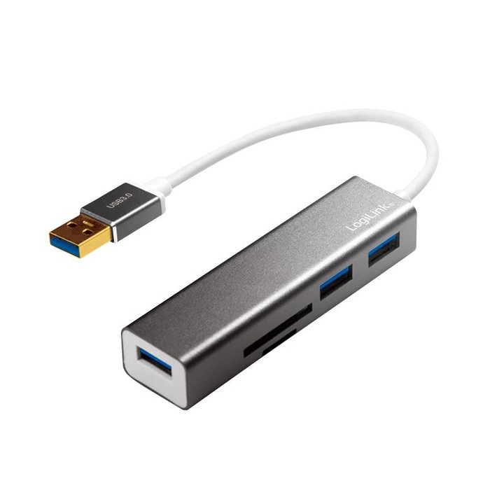 Хъб с четец на карти, LogiLink, USB/C 3.0 3 порта, сив