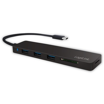 Hub foarte subtie cu citior de carduri , LogiLink , USB/C 3 port , negru Hub foarte subtie cu citior de carduri , LogiLink , USB/C 3 port , negru
