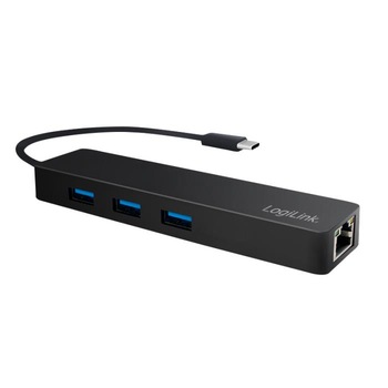 Hub cu adaptor gigabit , LogiLink , USB/C 3 porturi , negru Hub cu adaptor gigabit , LogiLink , USB/C 3 porturi , negru