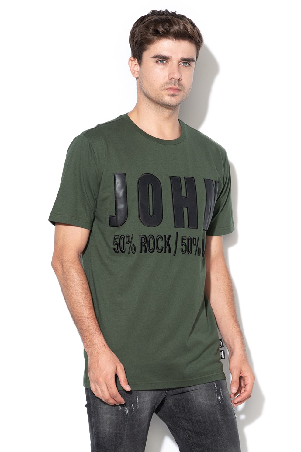 John Richmond, Tricou cu aplicatie logo de piele ecologica Kneller, Verde