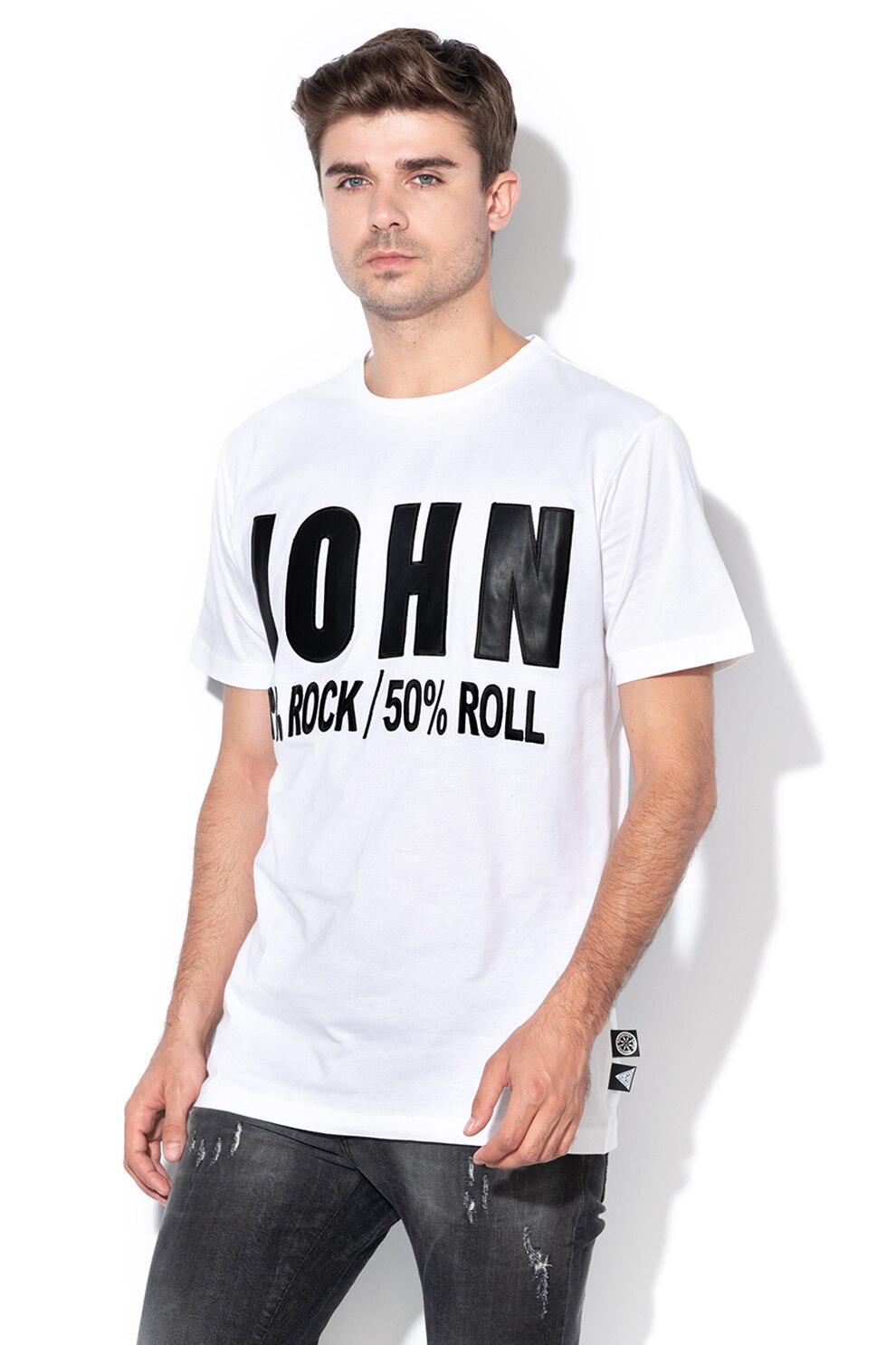 John Richmond, Tricou cu aplicatie logo de piele ecologica Kneller, Alb/Negru