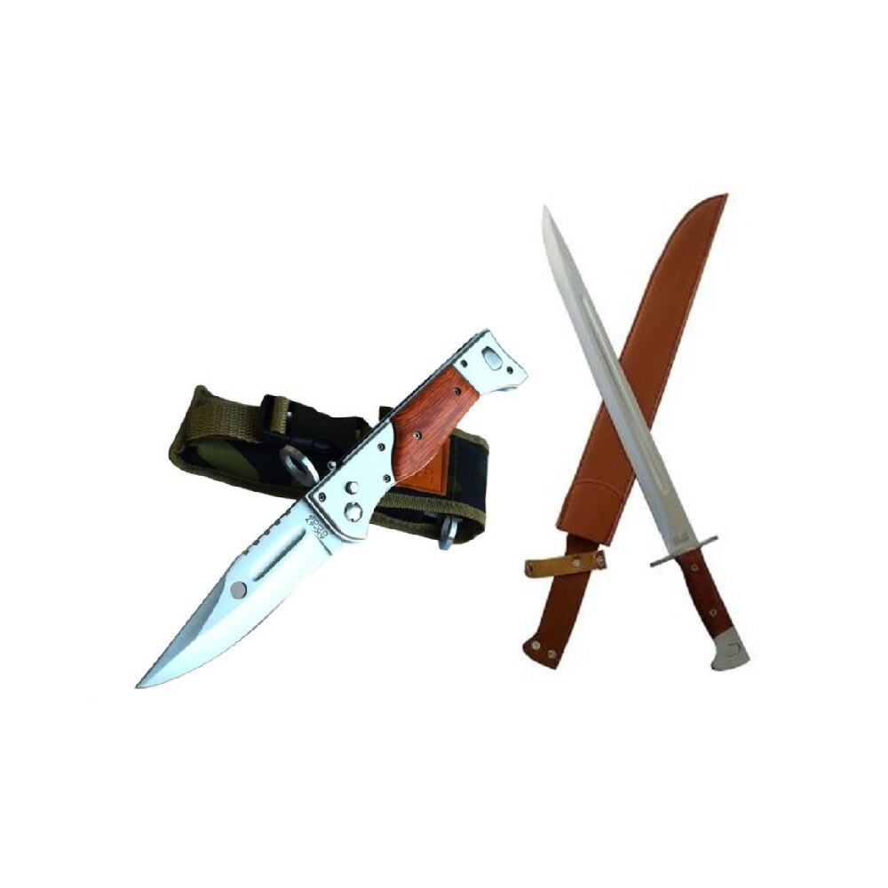 Pachet format din Cutit tip briceag Ak-47, 270 mm, deschidere automata si Baioneta Ak tip sabie, 430 mm, teaca din piele ecologica BRT-040
