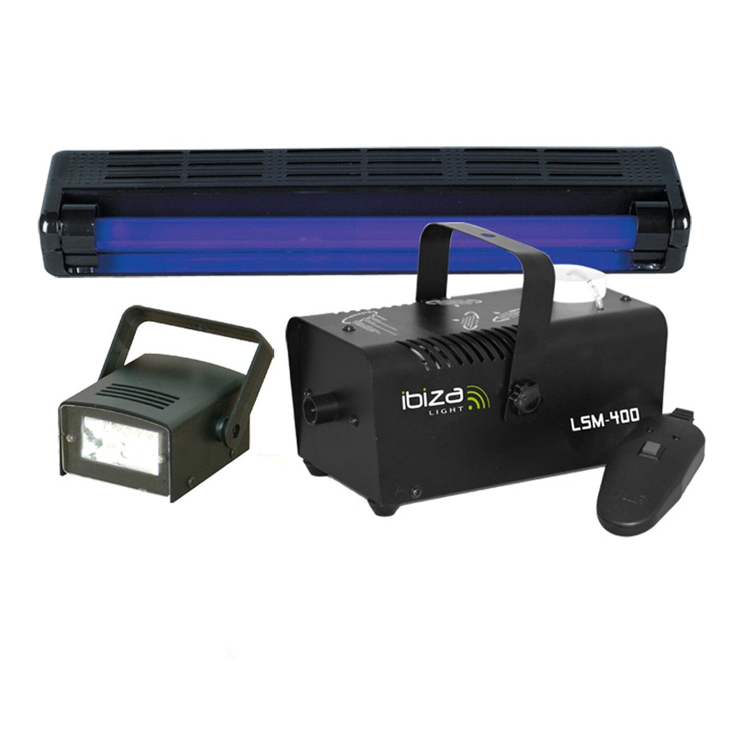 Set disco 3 piese, Masina Fum 400W+ Neon UV 46 cm lumina neagra+ Stroboscop LED