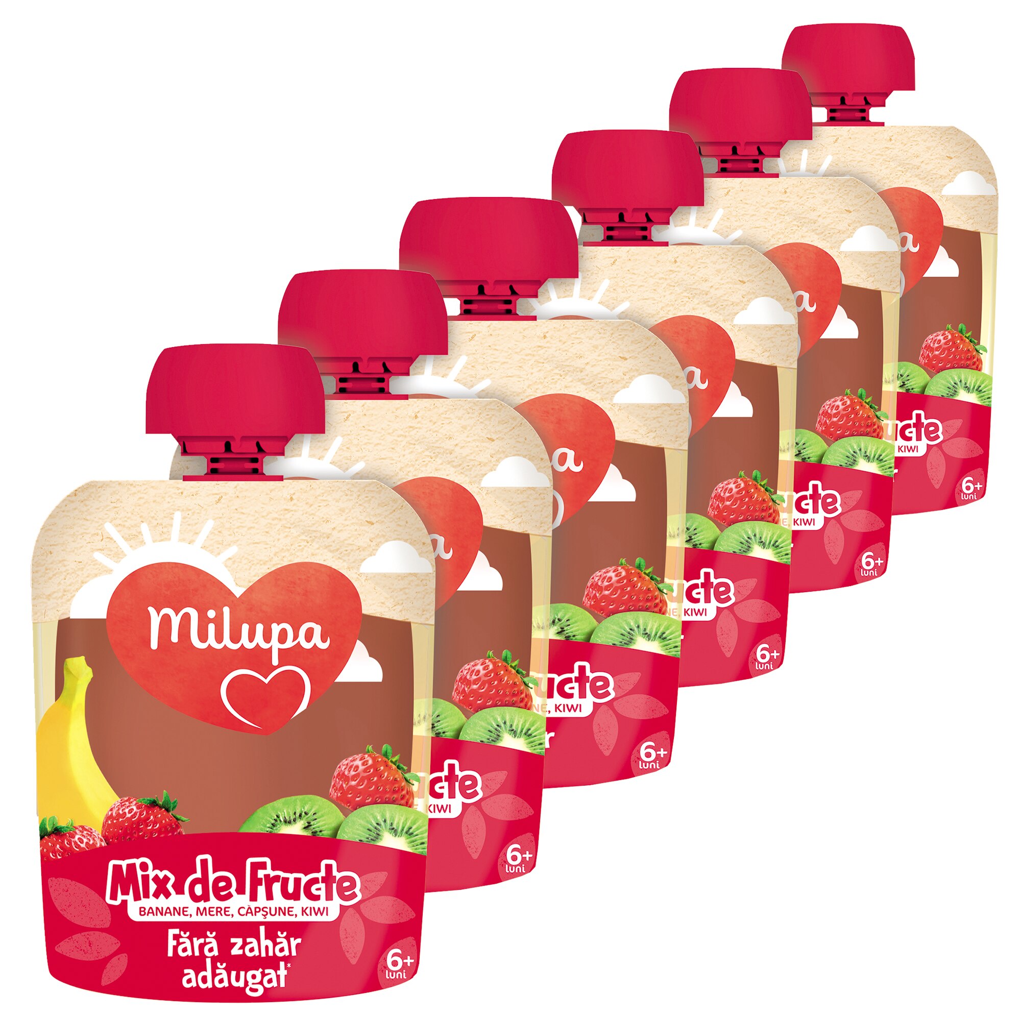 Piure Milupa Mere, Capsuni, Kiwi, Banane, 6 x 90g de la 6 luni