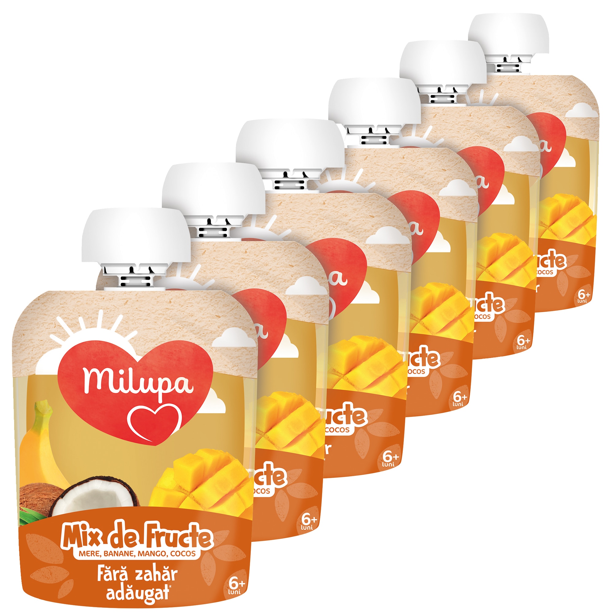 Piure Milupa Tropical Mix cu Mere, Banana, Mango si Cocos, 6 x 90g, de la 6 luni