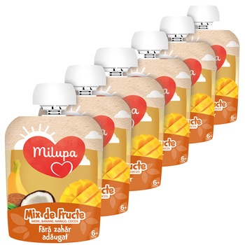 Piure Milupa Tropical Mix cu Mere, Banana, Mango si Cocos, 6 x 90g, de la 6 luni Piure Milupa Tropical Mix cu Mere, Banana, Mango si Cocos, 6 x 90g, de la 6 luni