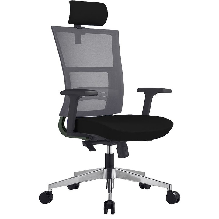 QMOBILI NEXT HI Fekete ergonomikus szék, szövet ülőlap, mesh háttámla, szinkronmechanika, állítható deréktámasz, fejtámla, 3D állítható karfa, alumínium csillagláb