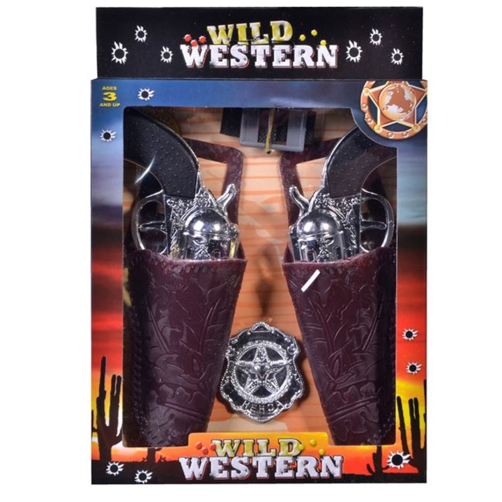 Set de jucarie pentru copii, model 2 arme de cowboy cu husa si insigna