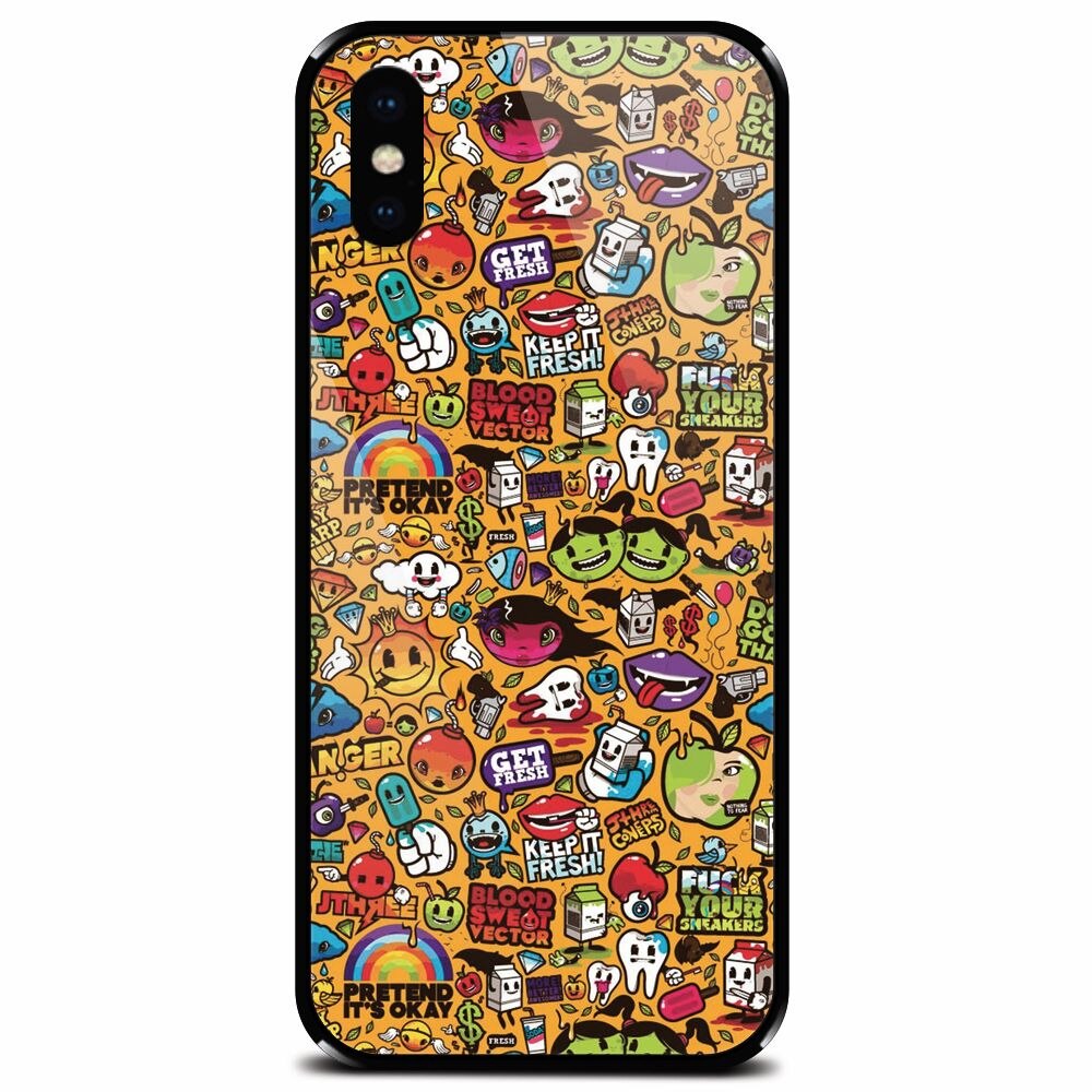 Husa din sticla securizata pentru Apple iPhone XS, Colorful Sticker Illustrations