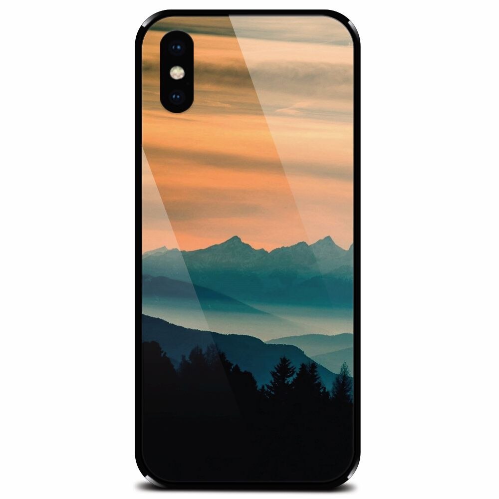Husa din sticla securizata pentru Apple iPhone XS Max, Blue Mountains Orange Clouds Sunset Landscape