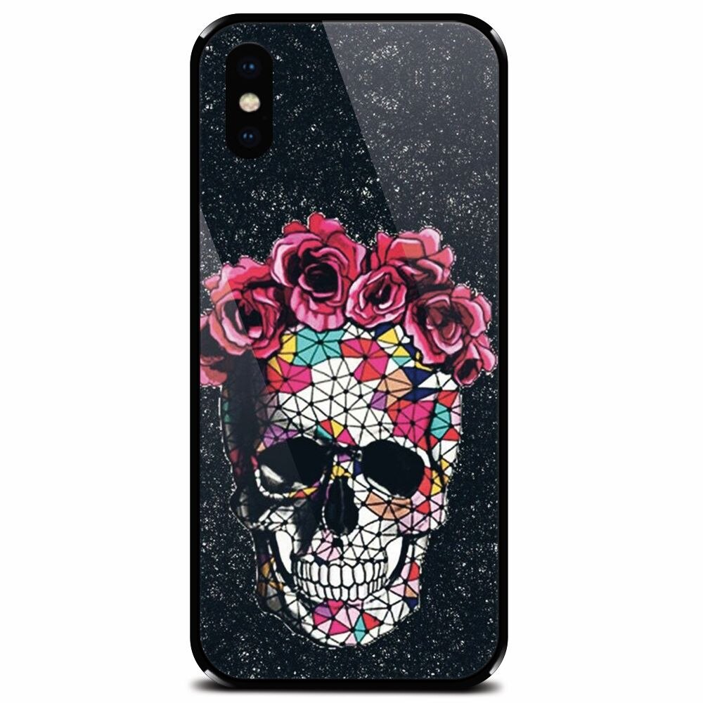 Husa din sticla securizata pentru Apple iPhone XS Max, Colorful Skull Roses Space