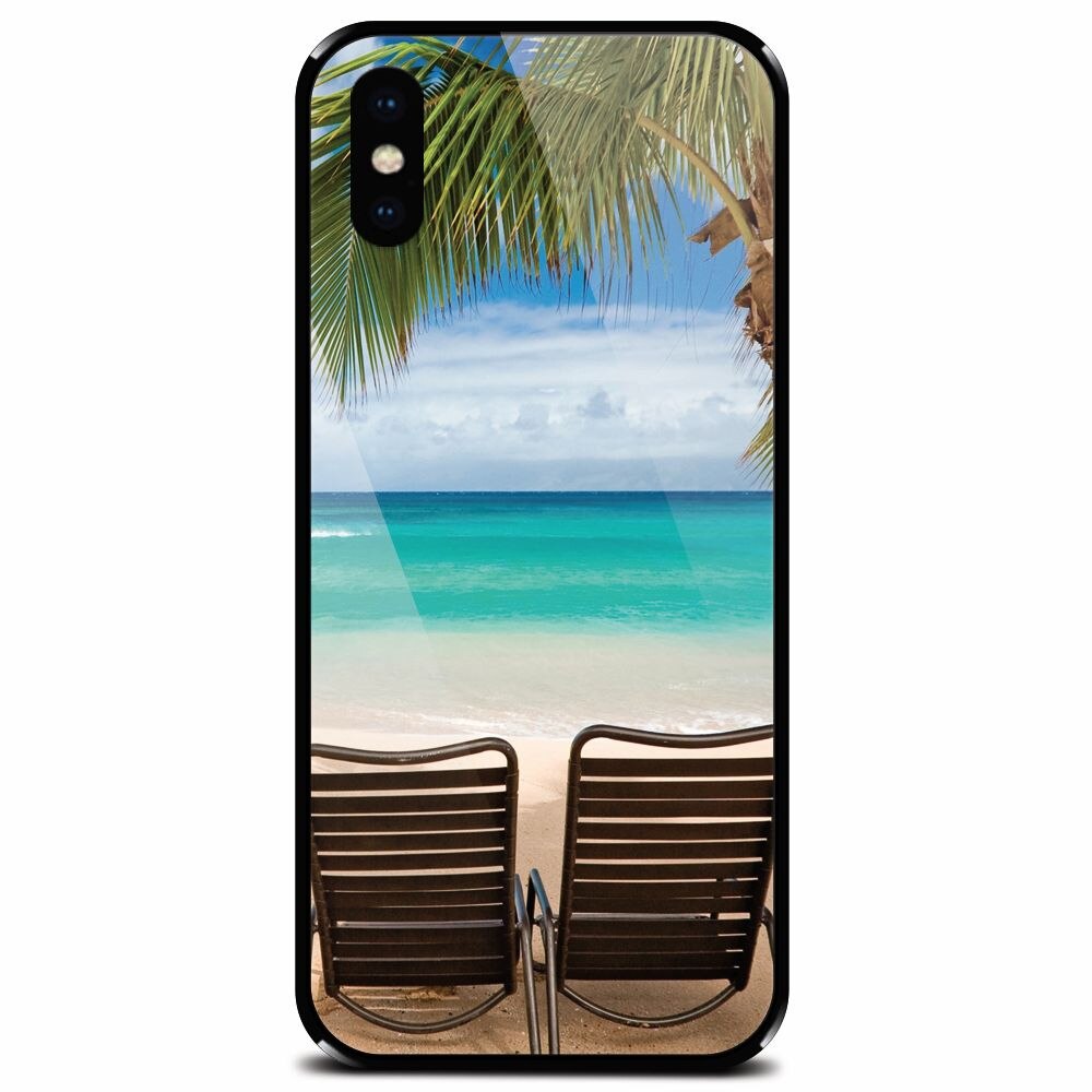 Husa din sticla securizata pentru Apple iPhone X, Beach Chairs Palm Tree Seaside