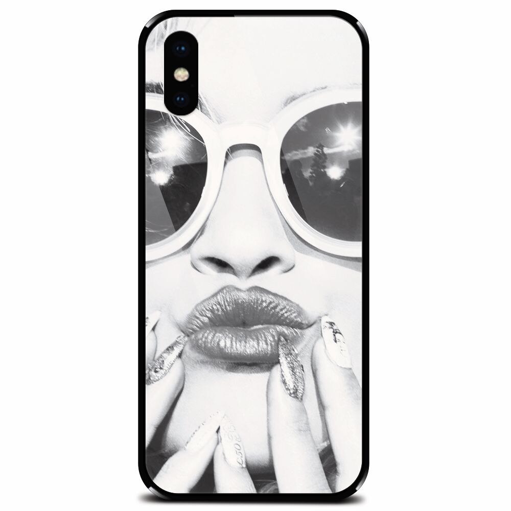 Husa din sticla securizata pentru Apple iPhone X, Black And White Portrait Blonde Model In Fashion Sunglasses