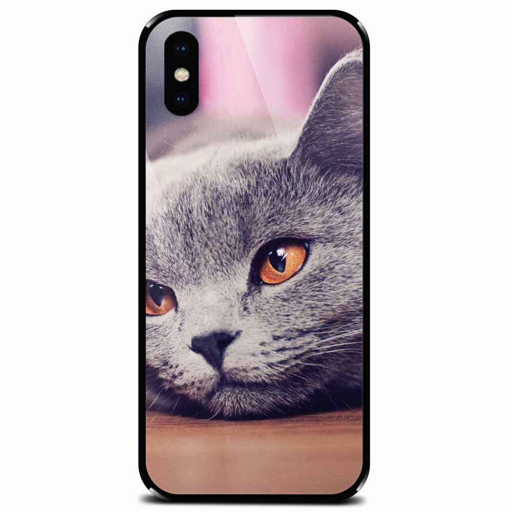 Husa din sticla securizata pentru Apple iPhone X, British Shorthair Cat Yellow Eyes Portrait