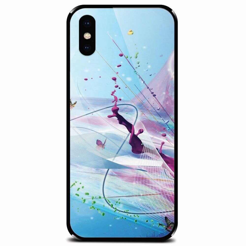 Husa din sticla securizata pentru Apple iPhone X, Artistic Paint Splash Purple Butterflies